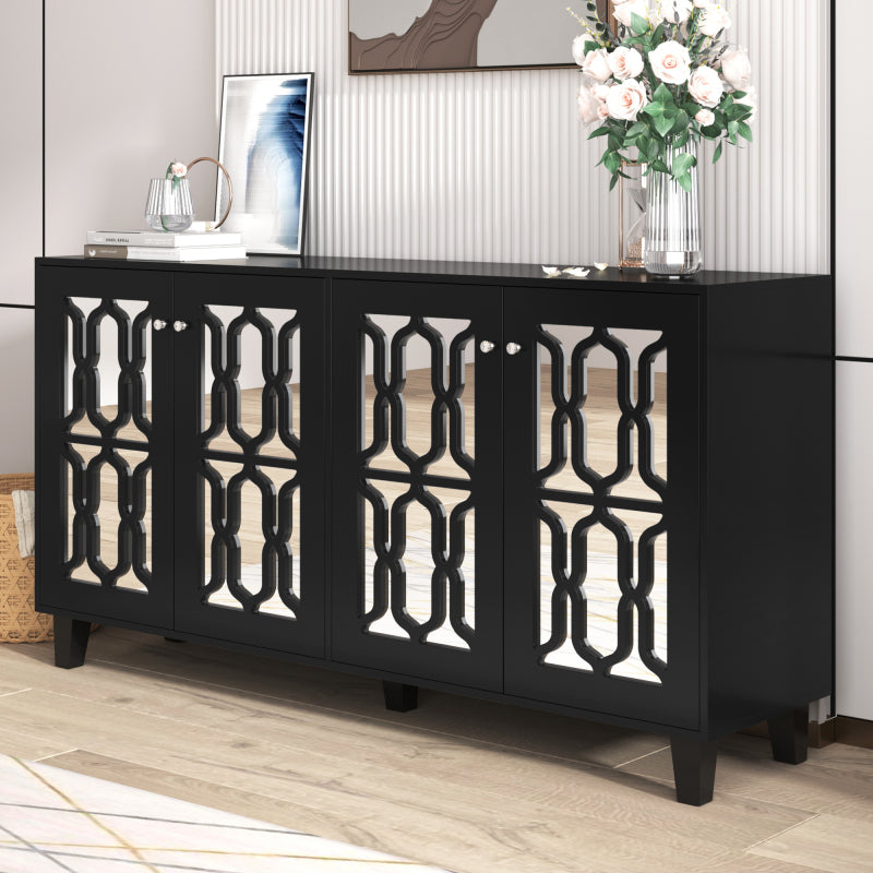 Schwarz verspiegelte Anrichte mit kühlen Kristallgriffen, Vier Türen, mit beweglichem Laminat.für Wohn- und Esszimmer, 160 x 40 x 84cm