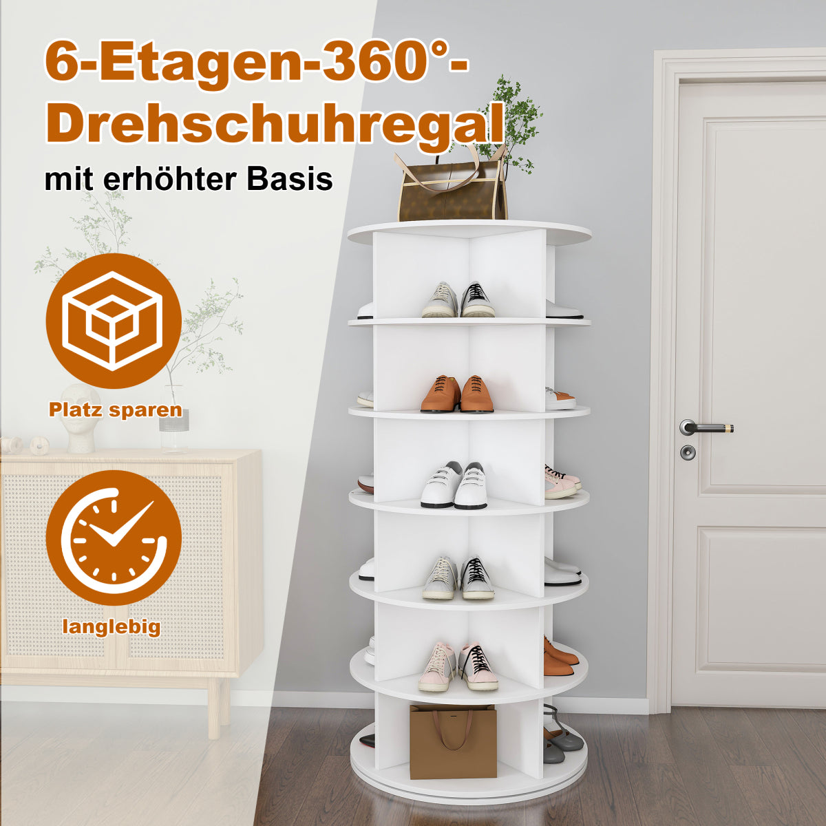 Drehbares Schuhregal 6 Etagen, 360°, Platzsparend, 24 Paar, Weiß, 138,5 cm
