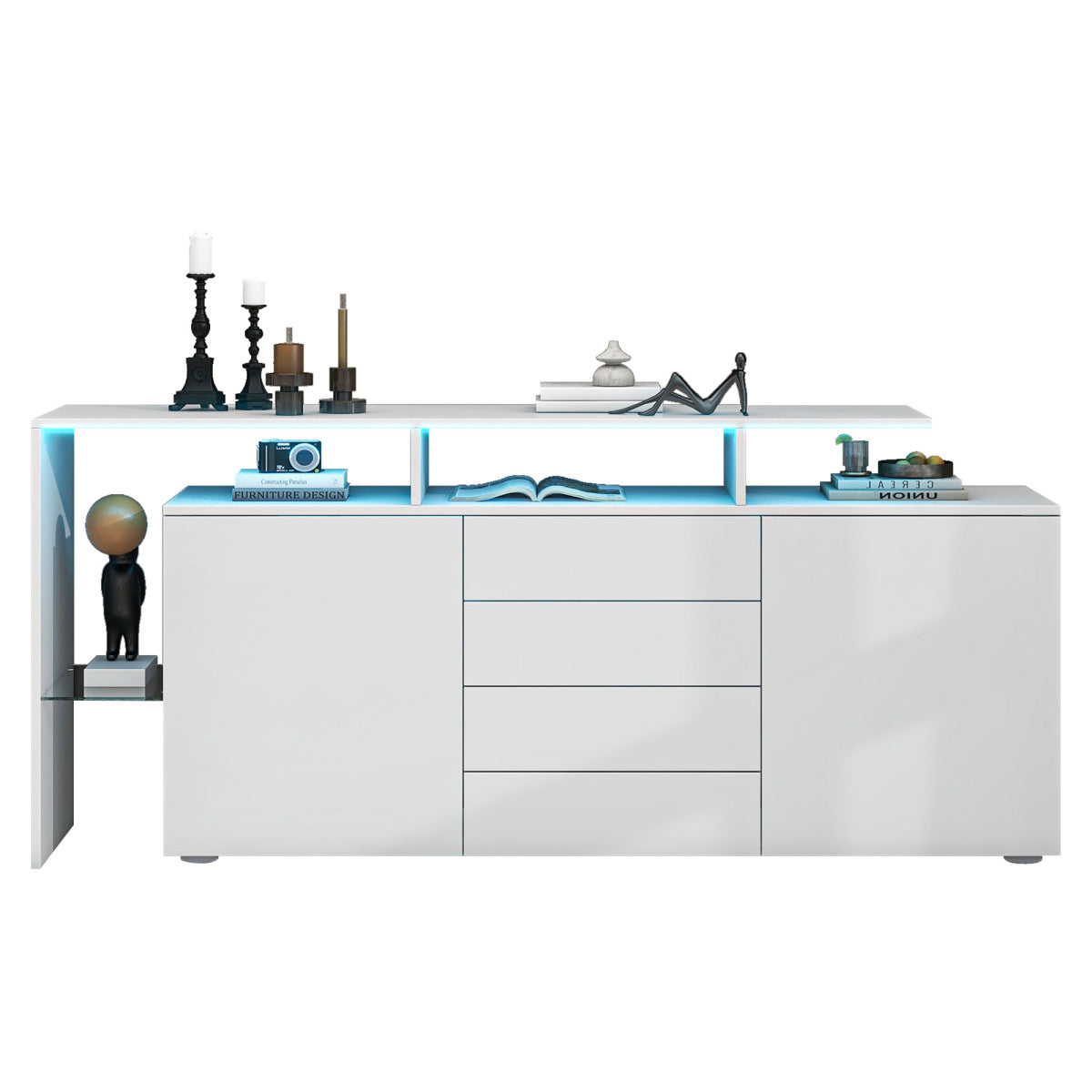 Modernes Sideboard 160cm mit LED-Beleuchtung & App-Steuerung, Hochglanz-Fronten, 4 Schubladen & Glasfach, TV-Schrank Kommode Weiß/Anthrazit