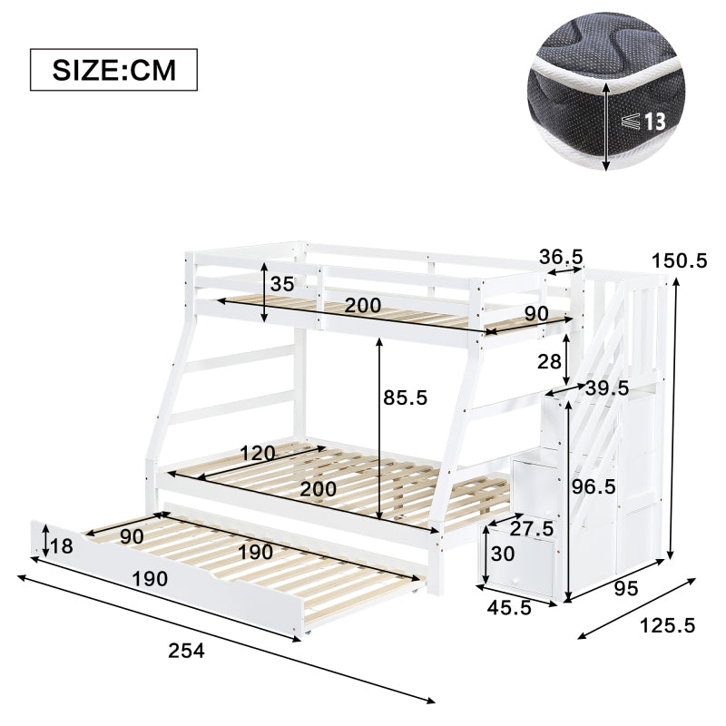 Etagenbett mit Rollbett, Kinderbett mit Leiterschrank und Handlauf, mit Fallschutzgitter an allen Seiten, Kiefer+MDF, Weiß, 90x190CM Rollbett, 90/120x200CM