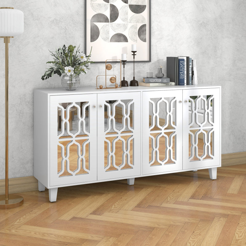 Weiß verspiegelte Anrichte mit kühlen Kristallgriffen, Vier Türen, mit beweglichem Laminat.für Wohn- und Esszimmer, 160 x 40 x 84cm