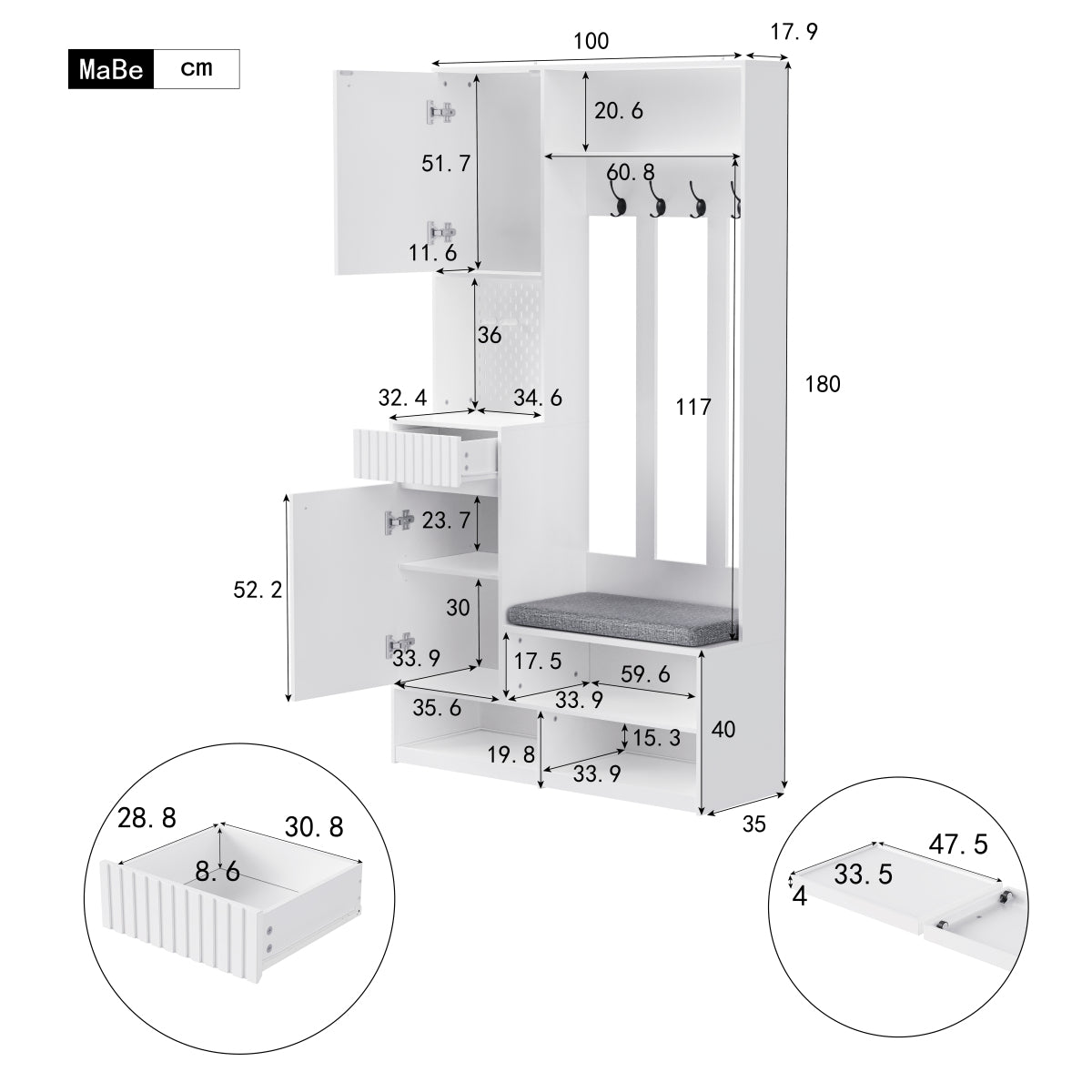 Garderoben-Set mit Sitzbank, Schubladen & Lochwand, Flurgarderobe 6-in-1, MDF, Weiß, 100x180x35 cm