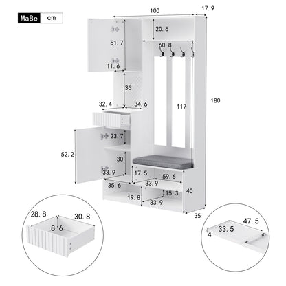 Garderoben-Set mit Sitzbank, Schubladen & Lochwand, Flurgarderobe 6-in-1, MDF, Weiß, 100x180x35 cm