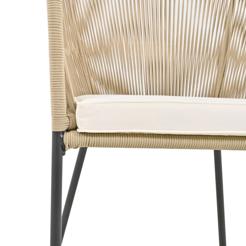 Garten-Essgruppe, 7-tlg, Garten-Lounge-Set aus Seil, 6 Sessel und 1 Tisch, Tisch aus Akazienholz, Mit Fußpolstern und sechs Sitzkissen, abnehmbar und waschbar