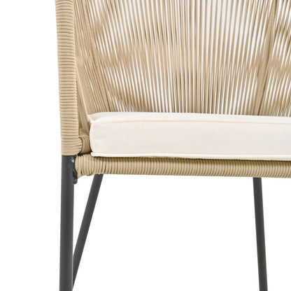 Garten-Essgruppe, 7-tlg, Garten-Lounge-Set aus Seil, 6 Sessel und 1 Tisch, Tisch aus Akazienholz, Mit Fußpolstern und sechs Sitzkissen, abnehmbar und waschbar