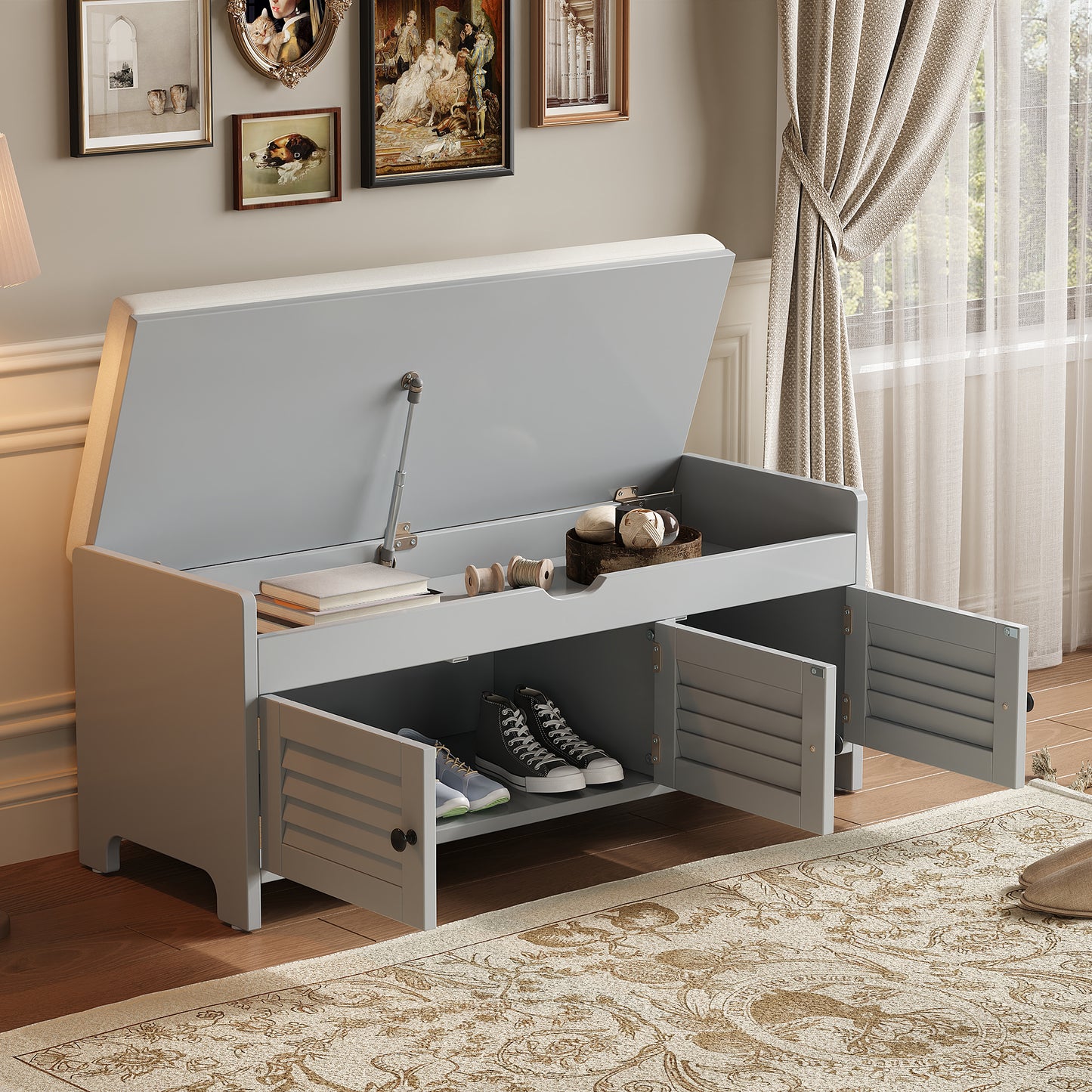 Moderne schuhbank mit sitzfläche, Eingangsbereich, Wohnzimmer, flurmöbel,  Grau