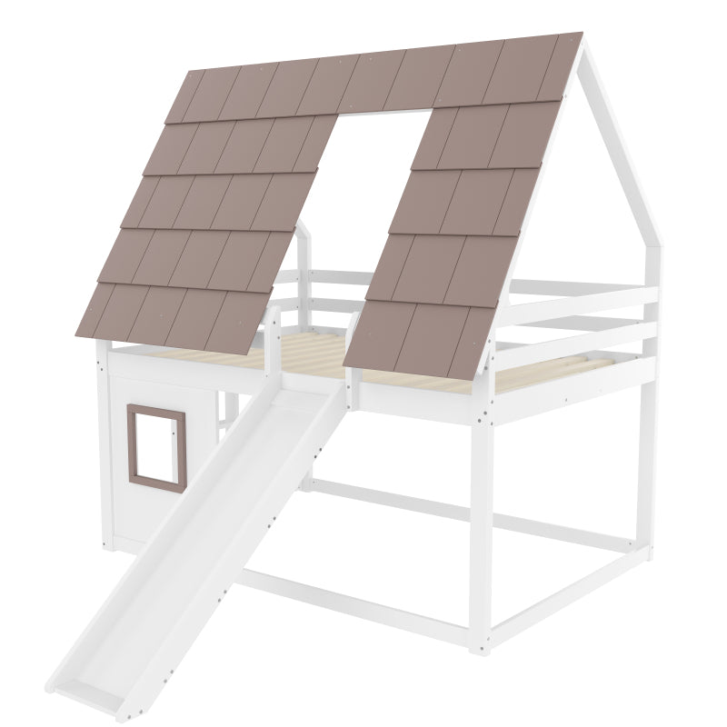 140 x 200 Holzhaus-Etagenbett mit Dach, Leiter und Rutsche, Weiß+Braun