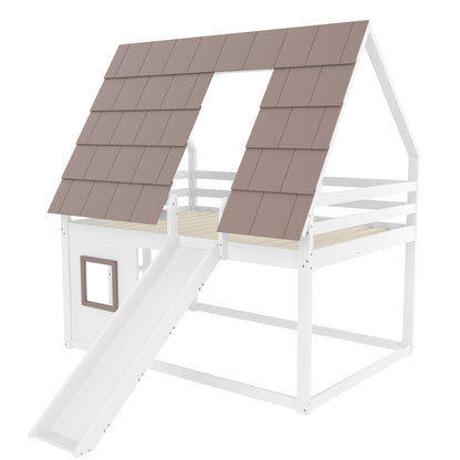 140 x 200 Holzhaus-Etagenbett mit Dach, Leiter und Rutsche, Weiß+Braun