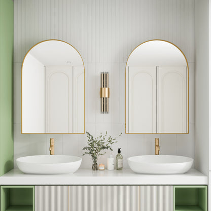 Stylish Arched Mirror Cabinet, Recessed Medicine Cabinet, Wall Cabinet with Metal Framed, Mirror and Adjustable Shelves, Mirror Cabinet with Storage for Bathroom, Living Room and Bedroom, Gold