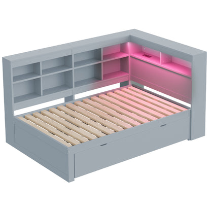 Massivholz-Doppelbett 140x200 Weiß mit LED & USB - Multifunktionales Sofa-Bett mit großen Schubladen, Ablagefächern & viel Stauraum, Grau