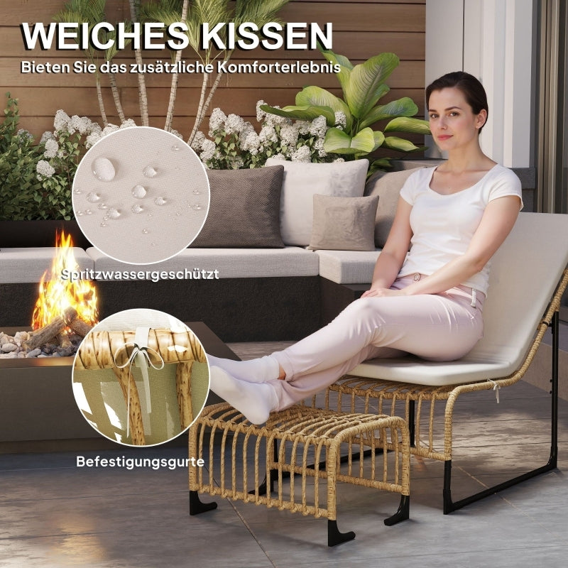 Rattan Relaxsessel mit Fußhocker, Outdoor Rattanstuhl Gartenstuhl für Garten, Balkon, Terrasse, Naturholz