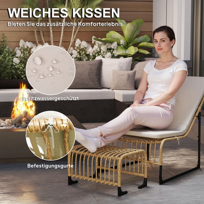 Rattan Relaxsessel mit Fußhocker, Outdoor Rattanstuhl Gartenstuhl für Garten, Balkon, Terrasse, Naturholz