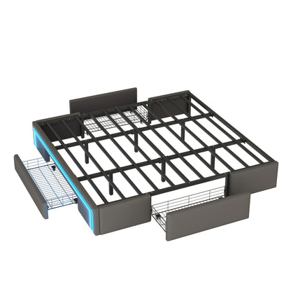Bettgestell 180X200 mit Schubladen, PU-Leder Bett ohne Kopfteil Mit LED-Lichtleiste, MetalllattenPlattformbett für moderne Schlafzimmer Grau