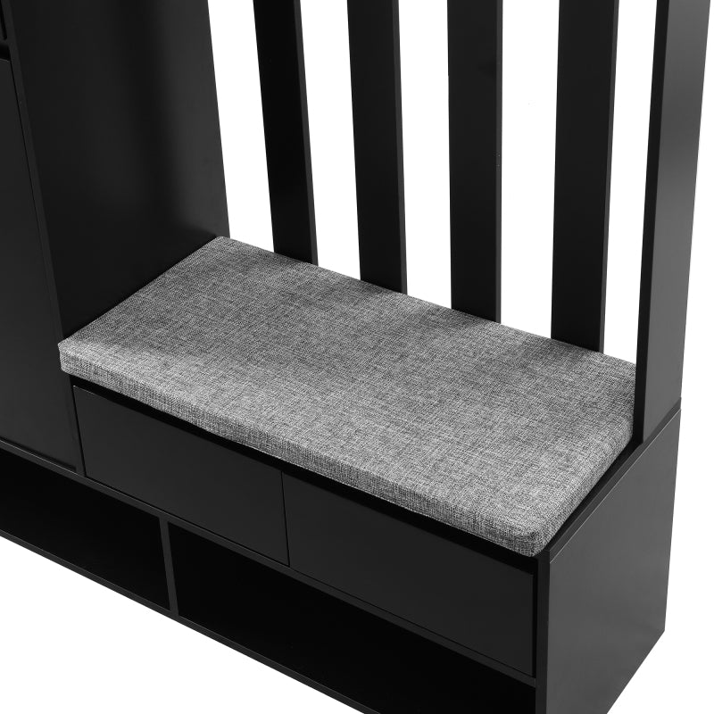 Flurgarderobe mit gepolsterter Aufbewahrungsbank, multifunktionaler Flur-Schuhschrank mit Stecktafel, moderne Garderobe mit 4 Haken für Eingangsbereich, Waschküche, Schwarz,H180/B100/T35 cm