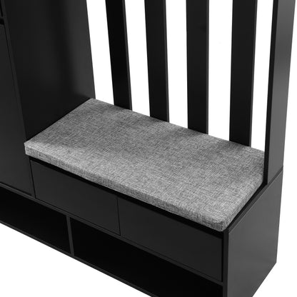 Flurgarderobe mit gepolsterter Aufbewahrungsbank, multifunktionaler Flur-Schuhschrank mit Stecktafel, moderne Garderobe mit 4 Haken für Eingangsbereich, Waschküche, Schwarz,H180/B100/T35 cm