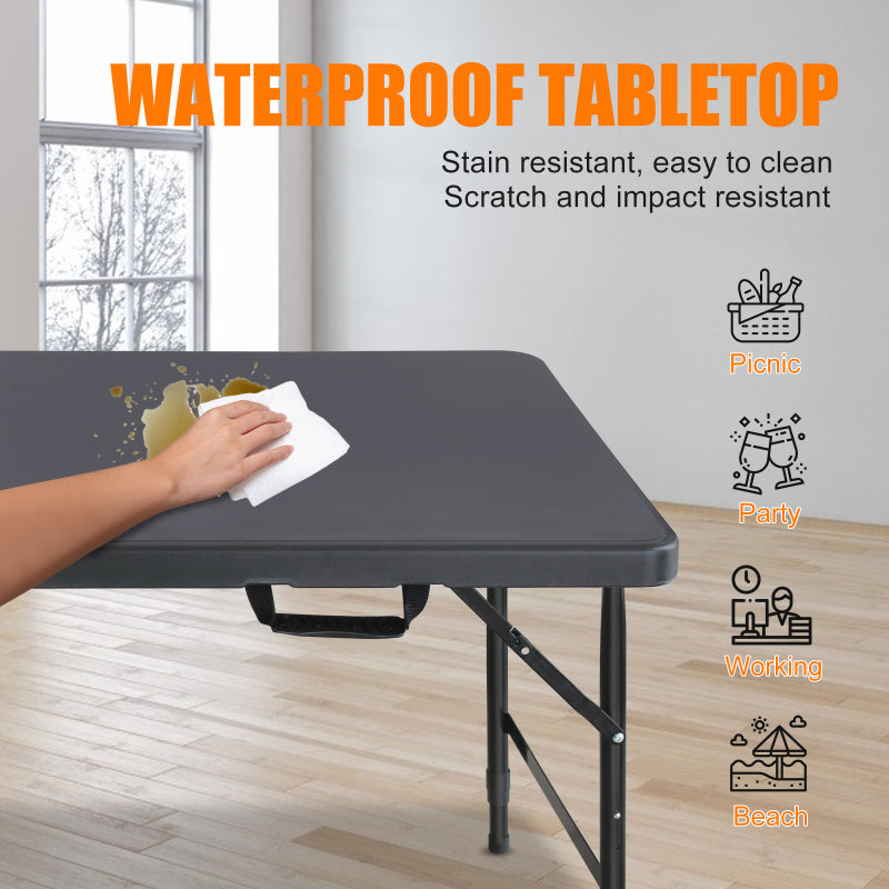 125cm Portable Heavy Duty Folding Table with Handle, Adjustable Height Foldable Table, Multi-Functional Fold up Table for Camping Picnic Parties Indoor/Outdoor, Capacity Weight 135KG (Black)