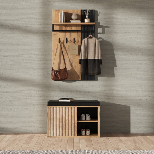 Schuhbank mit Garderobe & 3 Haken, Schuhschrank mit 2 Türen und Sitzbank, Flurmöbel aus Spanplatte, Schwarz/Natur, B70×T36×H146 cm