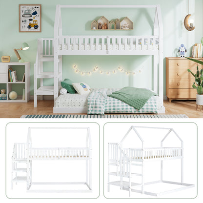[29994142WAA]Etagenbett, Hausbett mit Treppe, Kinderbett mit Fallschutz und Gitter, Rahmen aus Kiefer, weiß (90x200&140*190cm)