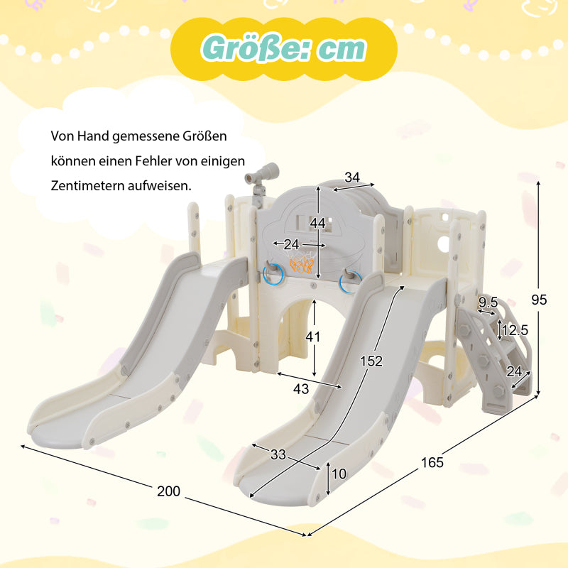8 in 1 Kinderrutsche Kletterspielzeug, Multifunktionsrutsche mit 2 Rutschen, freistehende Rutsche, Klettern, Bohrspiel, Stauraum, Spielkorridor, Basketballkorb, Lasso-Spiel, Teleskop. Hergestellt aus