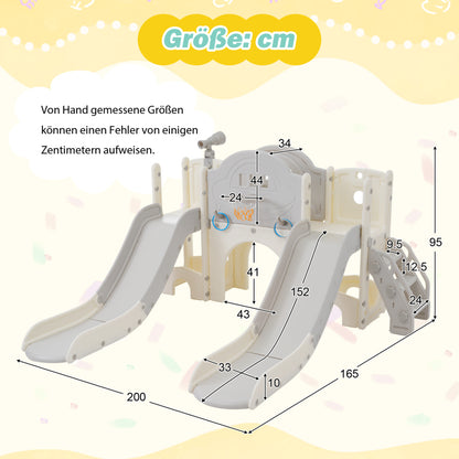 8 in 1 Kinderrutsche Kletterspielzeug, Multifunktionsrutsche mit 2 Rutschen, freistehende Rutsche, Klettern, Bohrspiel, Stauraum, Spielkorridor, Basketballkorb, Lasso-Spiel, Teleskop. Hergestellt aus