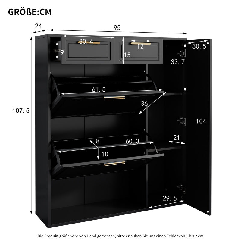 Moderne Schuhschrank, mit verstellbaren Regalen, goldenen Griffen, Schubladen, Klappschuhschrank und Türen,  Schwarz, B95/D24/H107