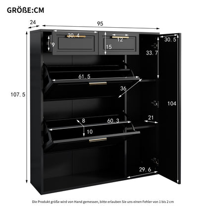 Moderne Schuhschrank, mit verstellbaren Regalen, goldenen Griffen, Schubladen, Klappschuhschrank und Türen,  Schwarz, B95/D24/H107