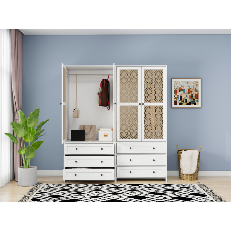 Weißer Aufbewahrungsschrank mit Schnitzmuster – Boho-Garderobenschrank mit Rattangeflecht, 3 Schubladen und Kleiderstange aus Aluminiumlegierung – ideal für Wohnzimmer, Schlafzimmer, Büro oder Arbeits