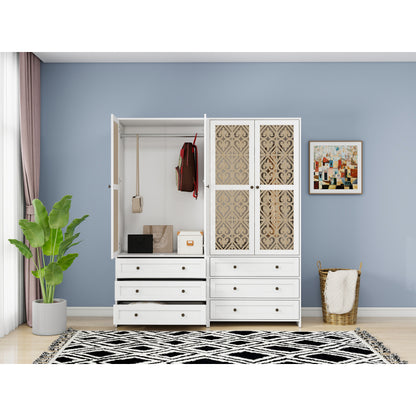 Weißer Aufbewahrungsschrank mit Schnitzmuster – Boho-Garderobenschrank mit Rattangeflecht, 3 Schubladen und Kleiderstange aus Aluminiumlegierung – ideal für Wohnzimmer, Schlafzimmer, Büro oder Arbeits
