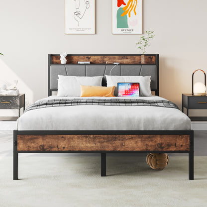 120x200cm Size Bed Frame with Smart LED Lights, Storage Headboard with USB Charging Station, Heavy Duty Metal Slats Support Platform, Noise Free, Easy Assembly, No Box Spring Needed