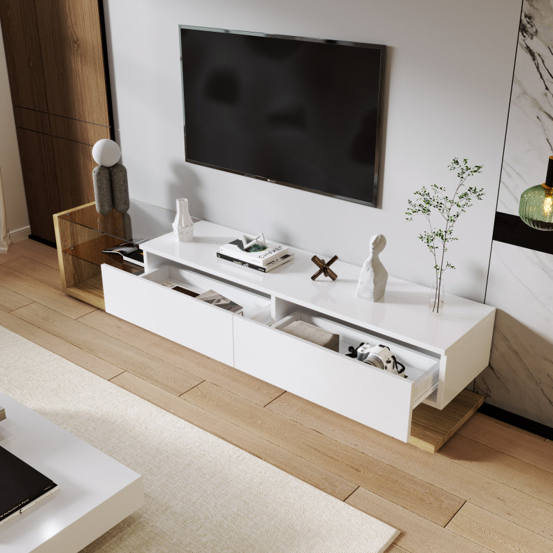 TV-Schränke, Lowboards, Kombination aus Hochglanzweiß und Holzfarben. Glastrennwände und variable LED-Beleuchtung. Es kombiniert natürlichen Landhausstil mit modernem Design.