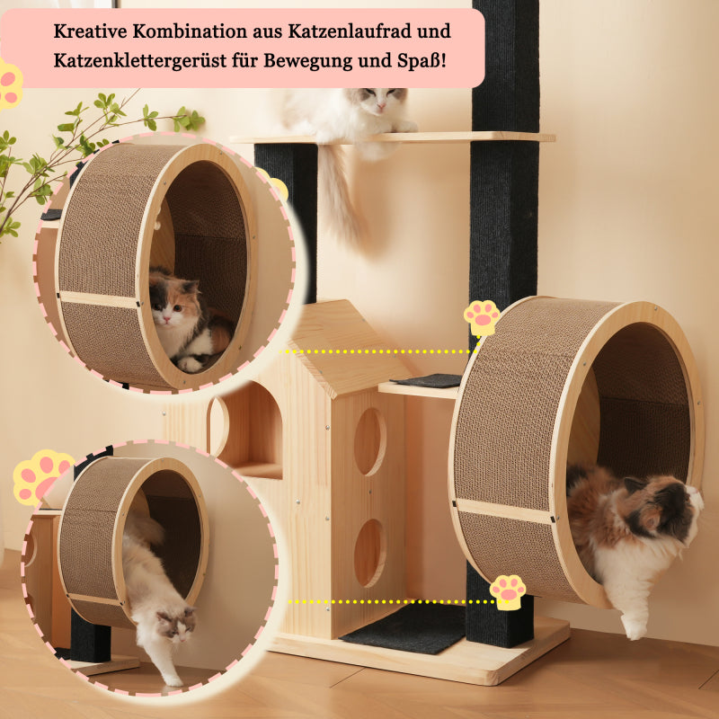 Katzenbaum aus Massivholz mit Laufrad mit 4 Plattformen, 2 Katzenhäusern, Sisalpfosten & waschbaren Kratzmatten, 80×40×152 cm