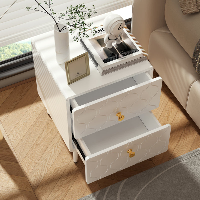 Moderner Nachttisch, vergoldete Griffe, Wellenmuster, 2er-Set, mit 2 Schubladen, lackiert, Ecken mit stoßfestem Design, 39,5 B*40 T*50 H cm, Weiß