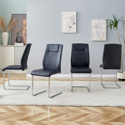 Schwarzer PU-Stuhl im nordischen Stil (vier Stühle im Inneren einer Kiste) - mit Netznähtdesign, glänzende silberne Metallbeine