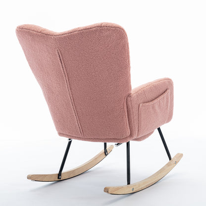 Neuer moderner Schaukelstuhl mit Polsterung und Teddystoff, mit ausziehbarer Fußstütze, Rosa