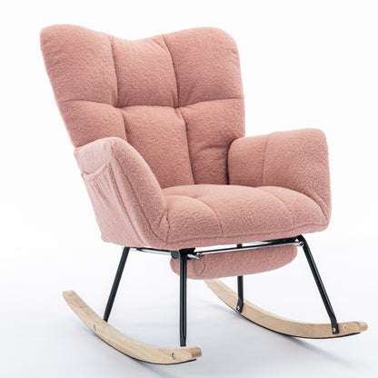 Neuer moderner Schaukelstuhl mit Polsterung und Teddystoff, mit ausziehbarer Fußstütze, Rosa