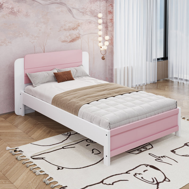 Holzbett 90*200 cm , Einzigartige und Minimalistische Form, Kopfteil mit Liniendesign, Kindereinzelbett, Rosa