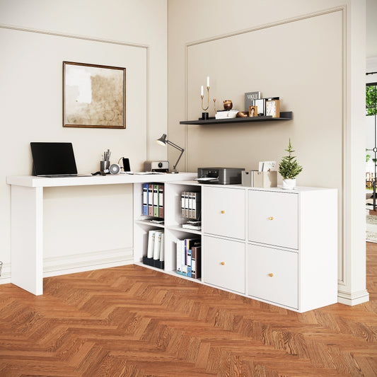 Ecktisch, Tischplatte 360° schwenkbar - L-förmig oder gerade aufstellbar, MDF,  mit 4 Fächern, 4 Schubladen, weiß
