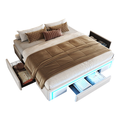 Bettgestell 180X200 mit Schubladen, PU-Leder Bett ohne Kopfteil Mit LED-Lichtleiste, MetalllattenPlattformbett für moderne Schlafzimmer Beige