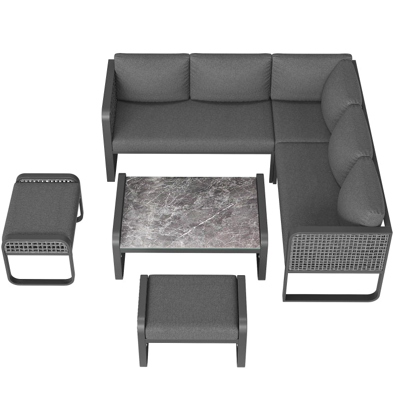 Garten-Lounge-Set, Rattan-Möbel-Set für 6-7 Personen, Ecksofa mit verzinktem Eisengestell, verstellbare Beine, inklusive aller Sitz- und Rückenkissen, grau