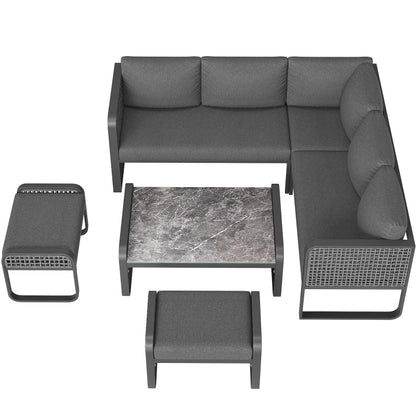 Garten-Lounge-Set, Rattan-Möbel-Set für 6-7 Personen, Ecksofa mit verzinktem Eisengestell, verstellbare Beine, inklusive aller Sitz- und Rückenkissen, grau