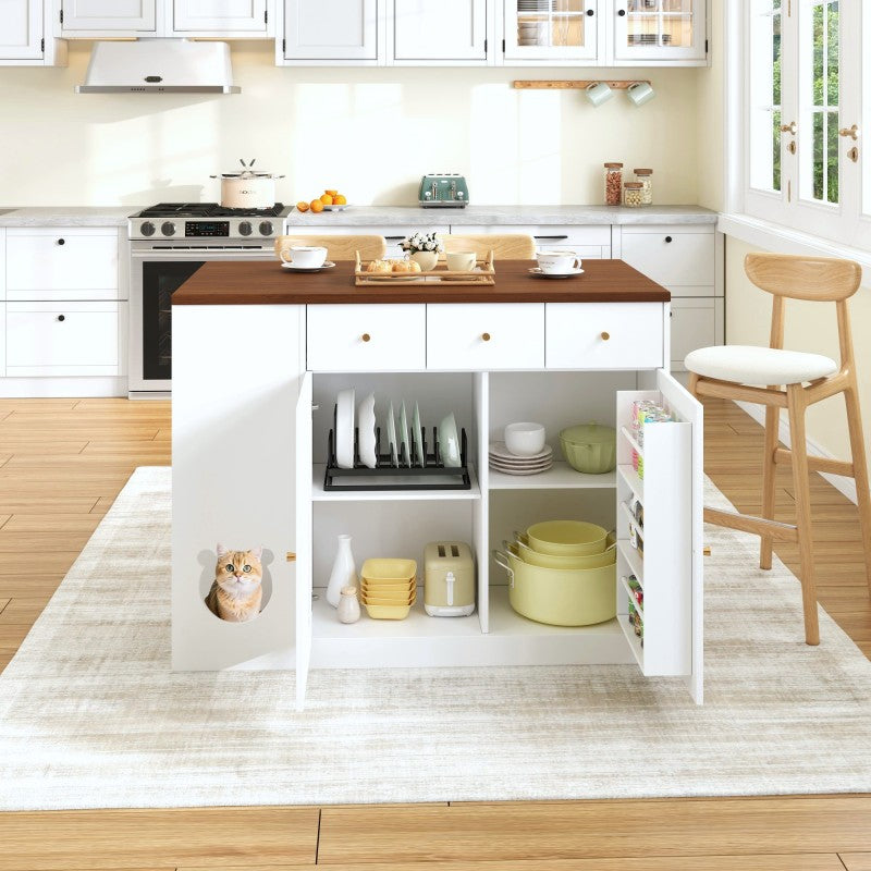 Kücheninsel, Küchenwagen & Sideboard mit Schubladen, Gewürzregal, Haustierfressbereich (ohne Katzensteller), Weiß + Nussbaumfarbe