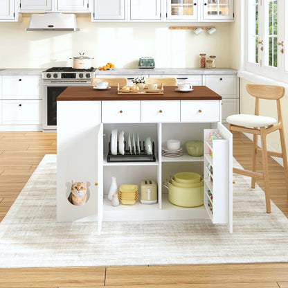 Kücheninsel, Küchenwagen & Sideboard mit Schubladen, Gewürzregal, Haustierfressbereich (ohne Katzensteller), Weiß + Nussbaumfarbe