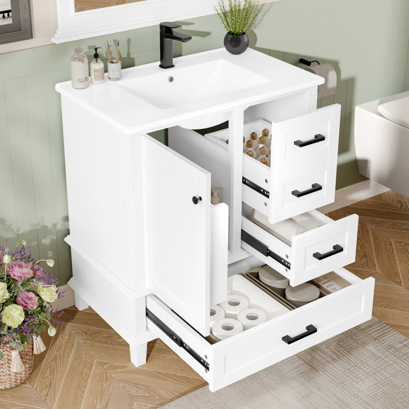 76x46x83,5cm Bodenstehender Badezimmerschrank mit Waschbecken, Waschtisch, komplett lackiert, Türregal, drei geräuschlose Schubladen, integriertes Keramikwaschbecken, weiß