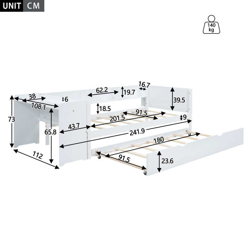 90*200cm, Flachbett, mit ausziehbarem Bett, mit Schreibtisch, drei Regale an der Seite des Bettes,  Weiß