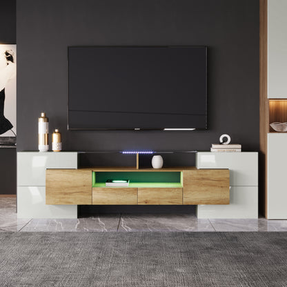 Stilvoller TV-Schrank, Lowboard.hochglänzendes Weiß, 200 cm, LED-Beleuchtung, Wohnzimmermöbel.  modernes Design. elegante Glasoberfläche.