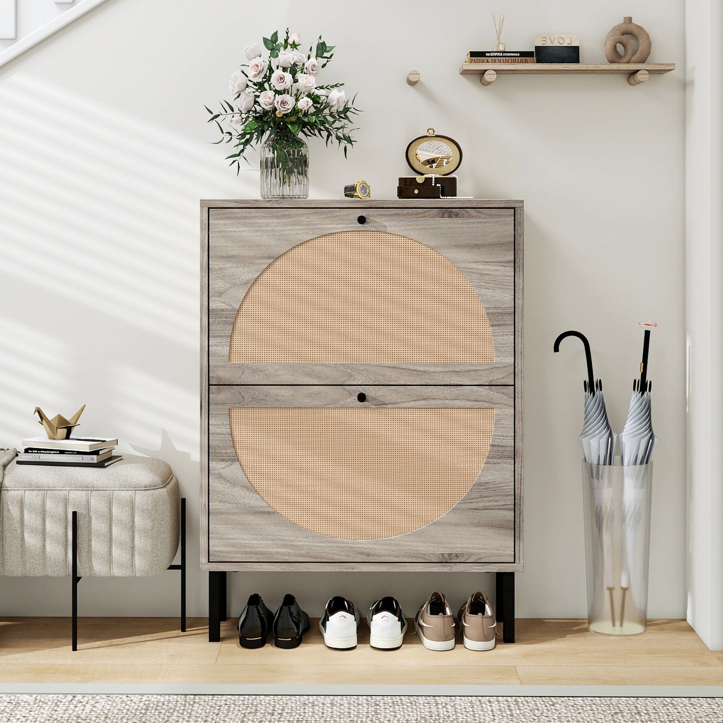 Schuhschrank mit zwei Türen, austauschbaren halbrunden Türfronten und Rattan-Oberfläche, geeignet für den Eingangsbereich und andere Szenen, Retro-grauer