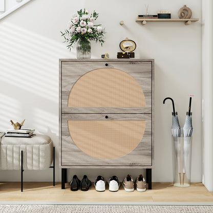 Schuhschrank mit zwei Türen, austauschbaren halbrunden Türfronten und Rattan-Oberfläche, geeignet für den Eingangsbereich und andere Szenen, Retro-grauer