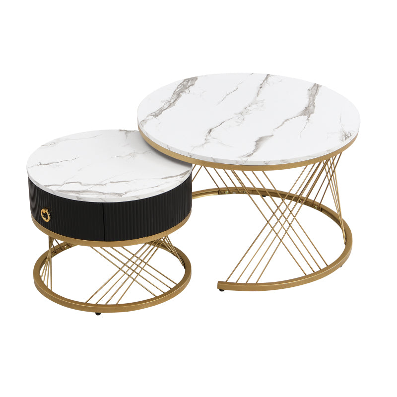 Eleganter zusammensetzbarer Couchtisch: Marmoroptik, Golddekor, Beistelltisch mit Schubladen – 2er-Set