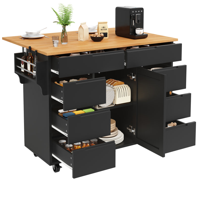 Moderne Kücheninsel, Küchenschrank, Ausziehbarer Küchenwagen mit Rollen und Arbeitsplatte, Servierwagen mit Gewürzregal und 8 Schubladen, Schwarz