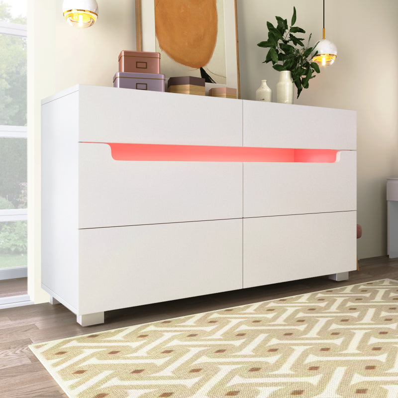 Kommode, Sideboard Holz mit 6 Schubladen, LED Beleuchtung (App Control), Mehrzweckschrank für Wohnzimmer und Schlafzimmer, 71 x 120 x 40 cm, Weiß